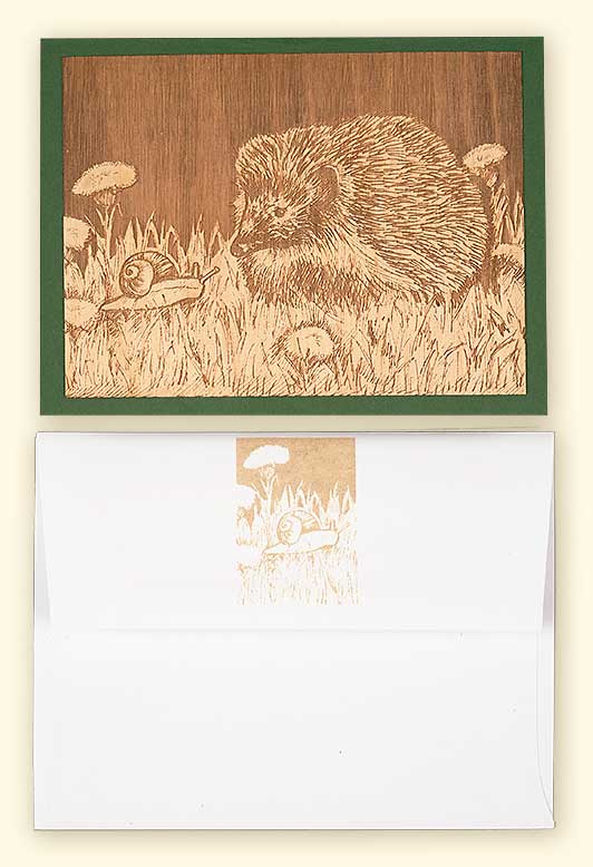 G521 Hedgehog and Snail Wood Veneer Card with envelope