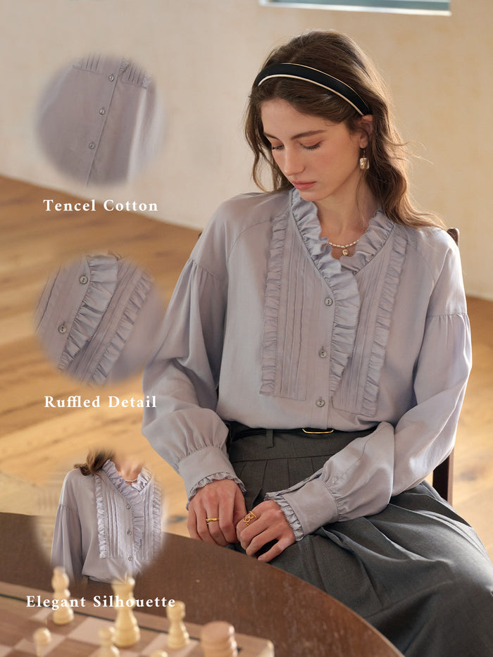 Henley Ruffle Collar Lyocell Blouse