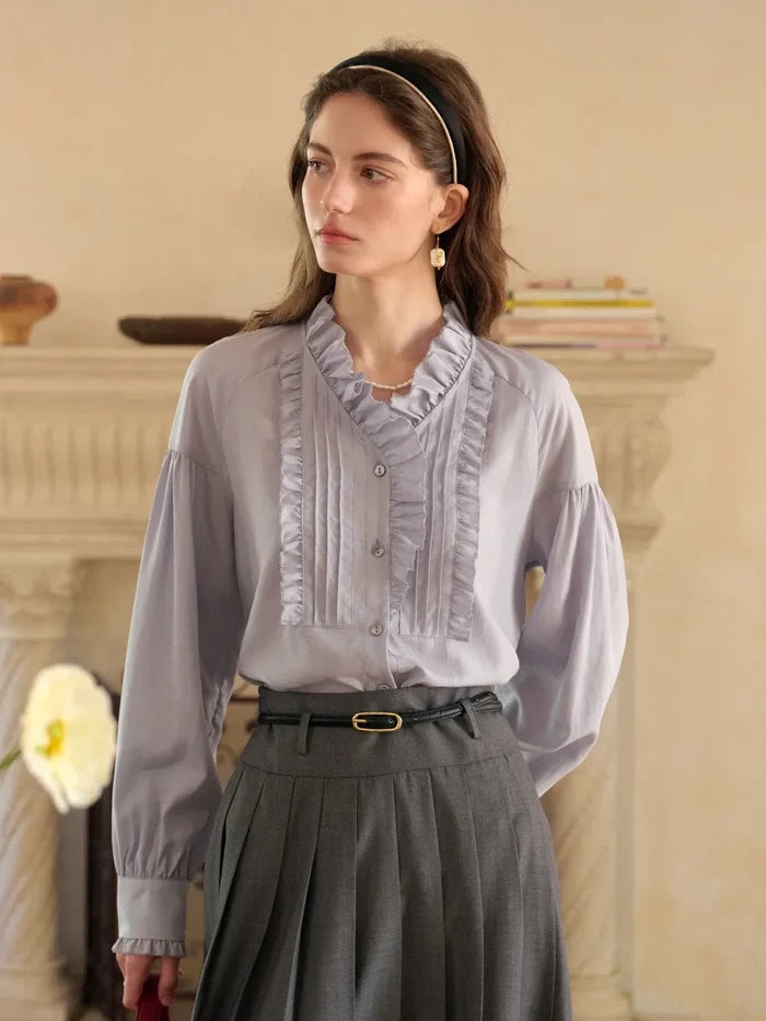 Henley Ruffle Collar Lyocell Blouse