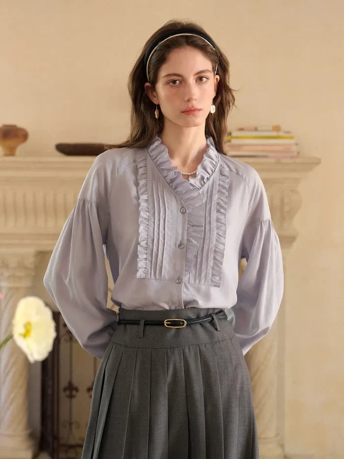 Henley Ruffle Collar Lyocell Blouse