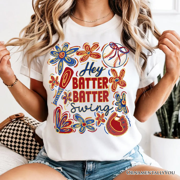 Hey Batter Batter Swing T-Shirt, Retro White and Natural Baseball Tee with Floral Accents T-Shirts OrnamentallyYou