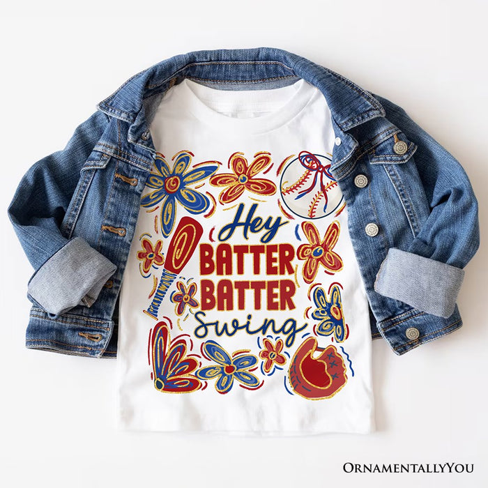Hey Batter Batter Swing T-Shirt, Retro White and Natural Baseball Tee with Floral Accents T-Shirts OrnamentallyYou White XS