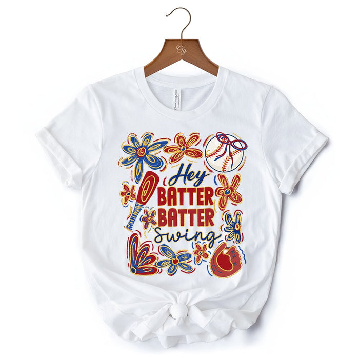 Hey Batter Batter Swing T-Shirt, Retro White and Natural Baseball Tee with Floral Accents T-Shirts OrnamentallyYou