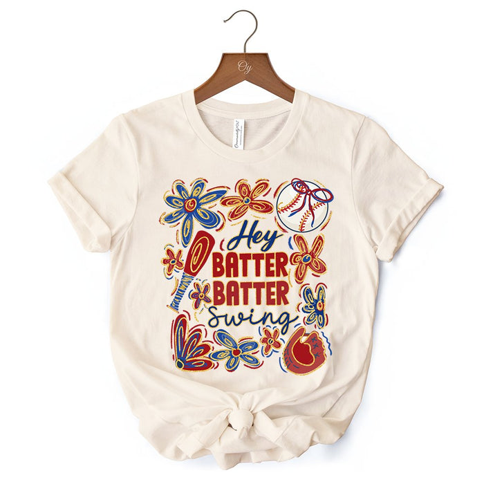 Hey Batter Batter Swing T-Shirt, Retro White and Natural Baseball Tee with Floral Accents T-Shirts OrnamentallyYou