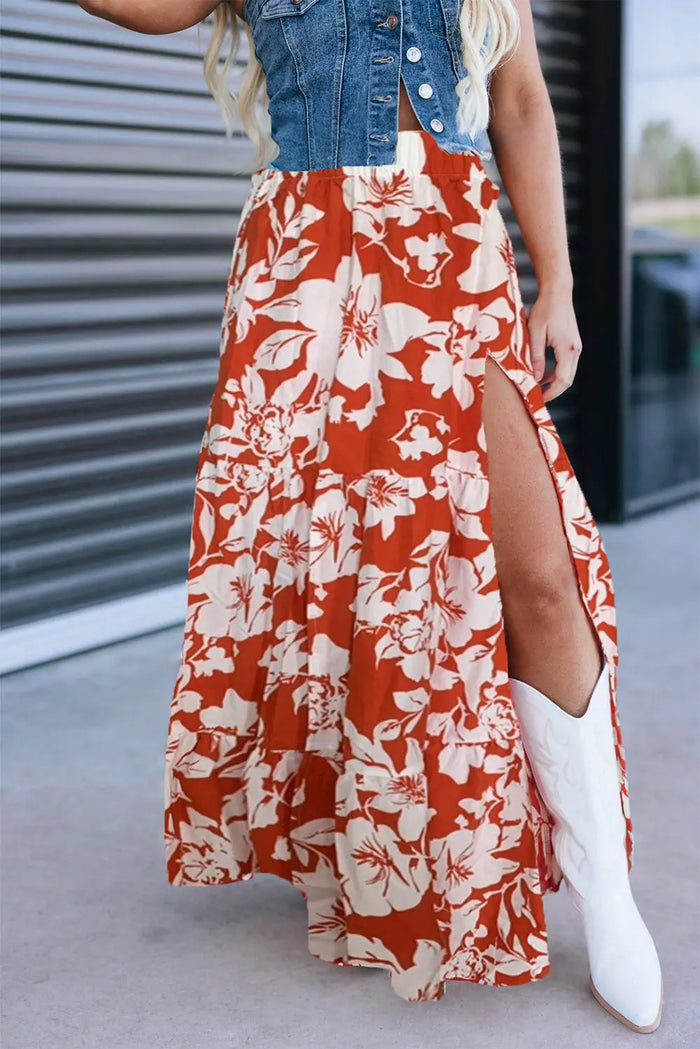 High Split Floral Western Cowgirl Maxi Skirt - Red / S - Bottoms/Skirts & Petticoat