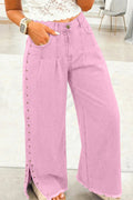 High Waist Rivet Side Detail Wide Leg Split Jeans – Pink