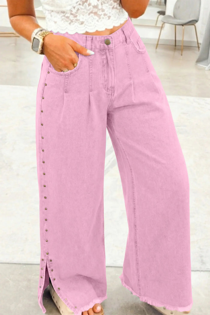 High Waist Rivet Side Detail Wide Leg Split Jeans – Pink