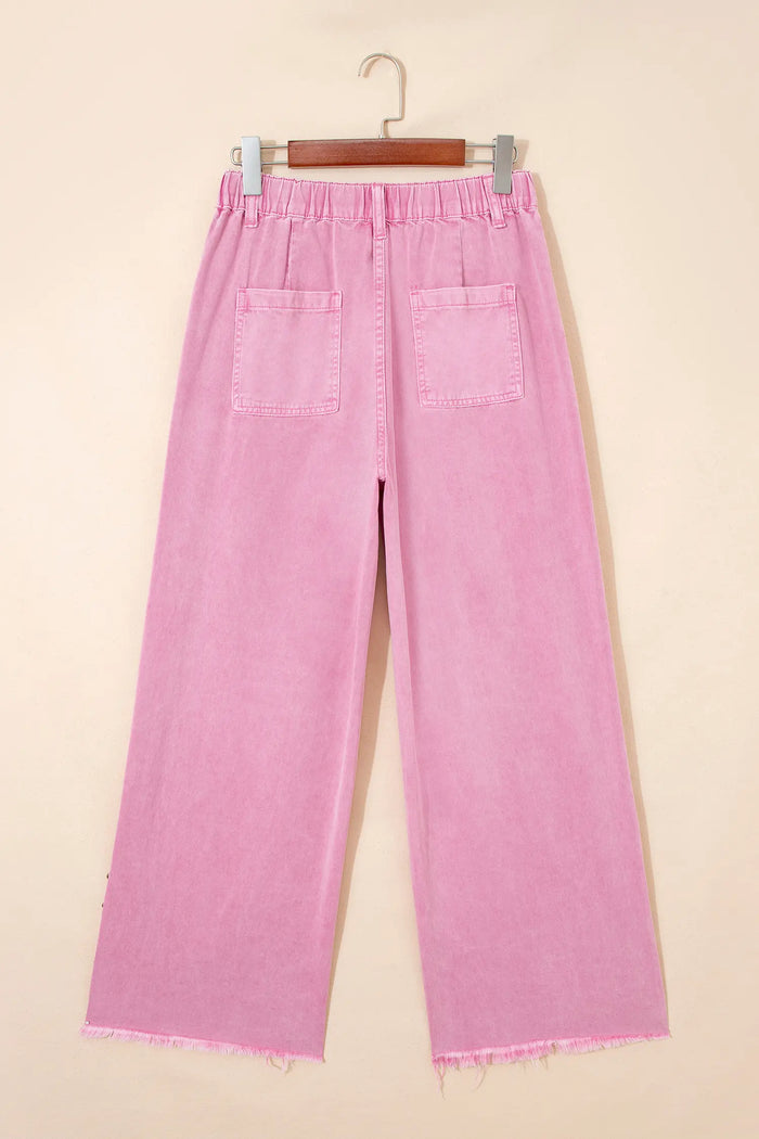 High Waist Rivet Side Detail Wide Leg Split Jeans – Pink