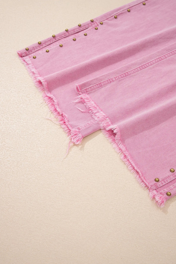 High Waist Rivet Side Detail Wide Leg Split Jeans – Pink