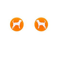 Orange acrylic disk stud earrings featuring a white hound dog silhouette displayed on a white background from The Pink Doxie Boutique.