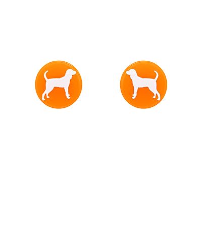 Orange acrylic disk stud earrings featuring a white hound dog silhouette displayed on a white background from The Pink Doxie Boutique.
