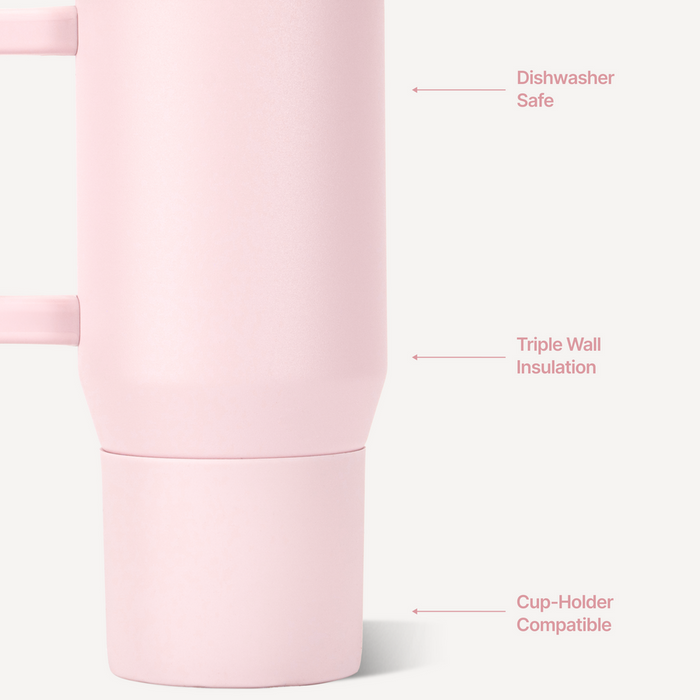 Acercamiento al cuerpo y la base del termo HydroJug Traveler Pink Sand, con indicaciones de sus características #color_Pink Sand