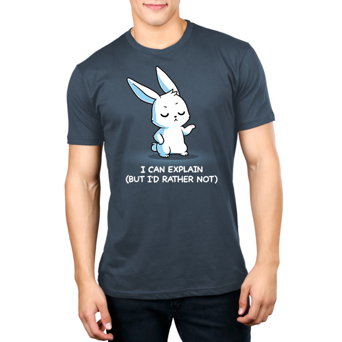 Premium Cotton T-shirt_TeeTurtle denim I Can Explain But I'd Rather Not Premium Cotton T-shirt featuring a resolute bunny with their eyes closed and their paw up with the text "I Can Explain (But I'd Rather Not)"