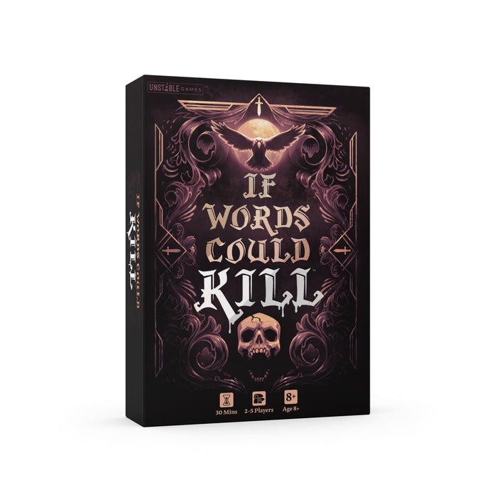 The game box for 'If Words Could Kill' featuring a dark, gothic design with a raven, skull, and ornate filigree in black, gold, and white.