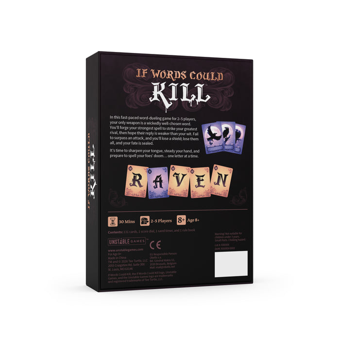 The back of the black box packaging for the card game 'If Words Could Kill,' featuring game details, player counts, and sample card artwork on a white background.