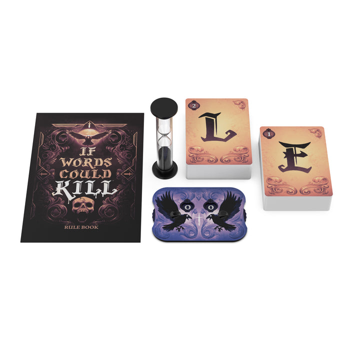 If Words Can Kill components laid out on a white surface, including the instructions, scorekeeper, cards and hourglass.