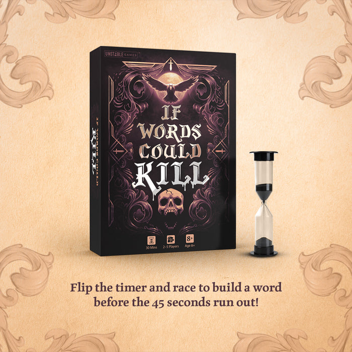If Words Could Kill how to play graphic with the game box and hourglass. Text below reads "Flip the timer and race to build a word before the 45 seconds run out!"