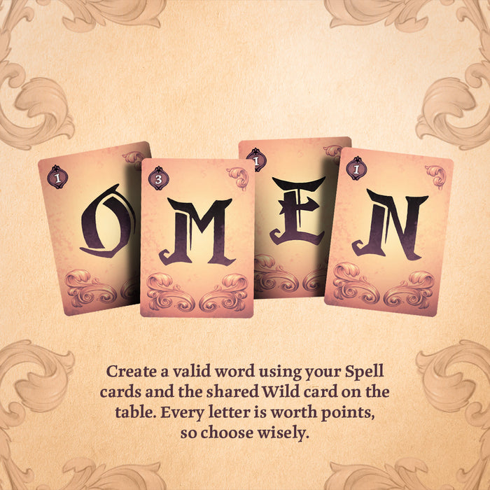 Four decorative spell cards arranged to spell 'OMEN' on a parchment-style background, with rules text below describing a game objective.