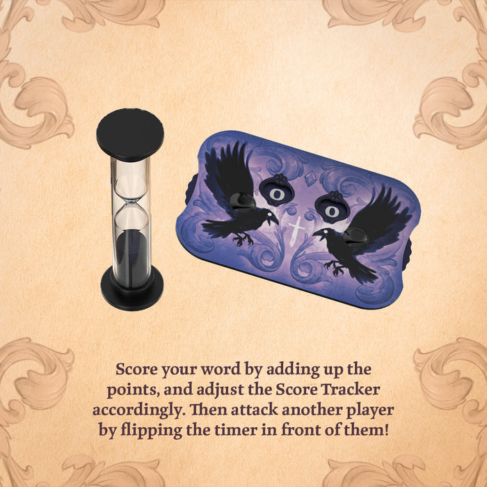 A score tracker with a purple background, black crows, and swirling decorative patterns, shown beside a black-and-clear hourglass on a beige ornamental backdrop. Text below reads "Score your word by adding up the points, and adjust the Score Tracker accordingly. Then attack another player by flipping the timer in front of them!"