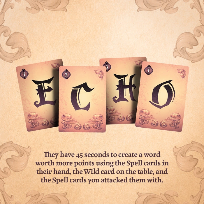 Four Spell cards fanned out on a parchment-style background, with rules text below describing a 45-second turn to create a word using the cards.
