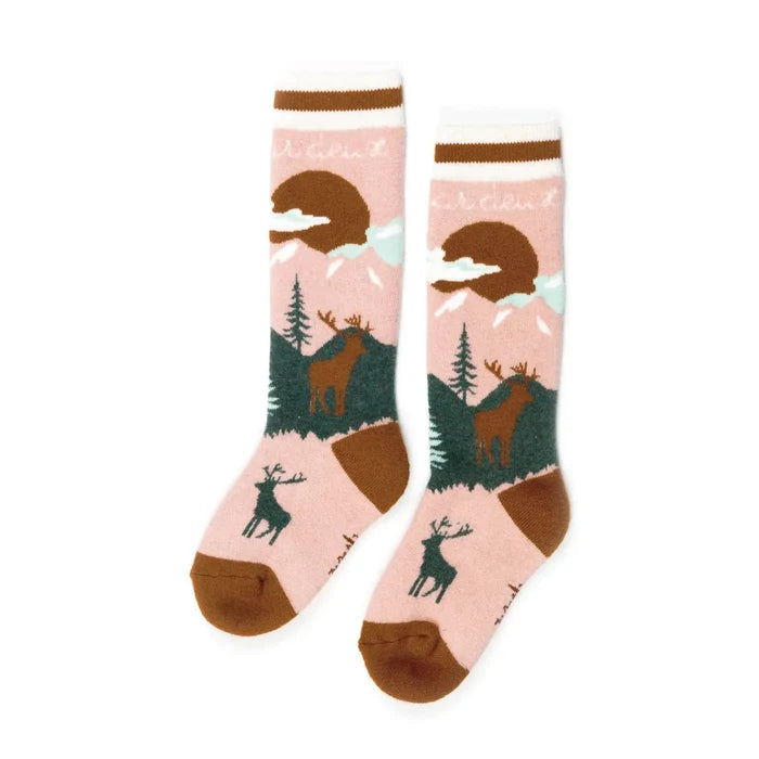 Deux par Deux pink ski socks with mountain and moose jacquard, view 1
