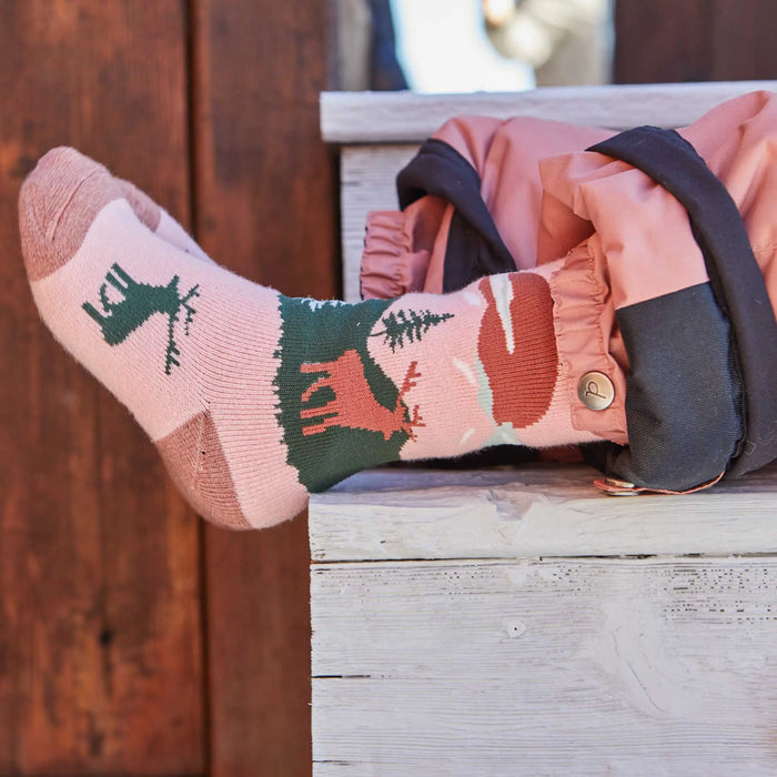 Deux par Deux pink forest jacquard socks with solid toes, view 3