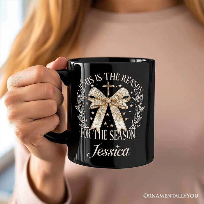 Jesus Is the Reason Christmas Personalized Mug, Coquette Gold Bow Cross Gift with Custom Name Personalized Ceramic Mug OrnamentallyYou