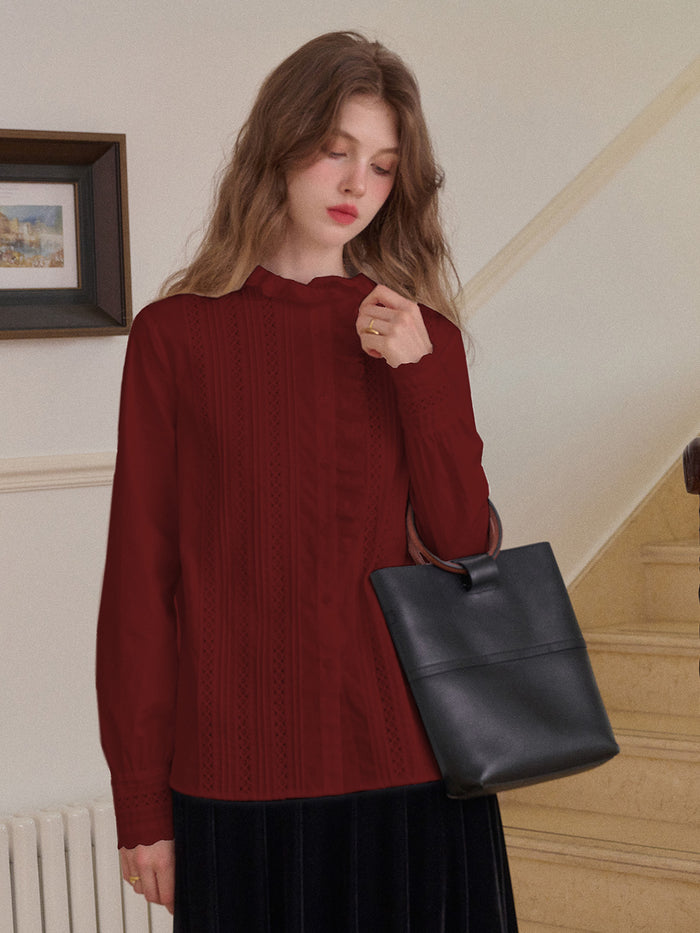 Journi Ruffle Collar Hollow 100% Cotton Blouse