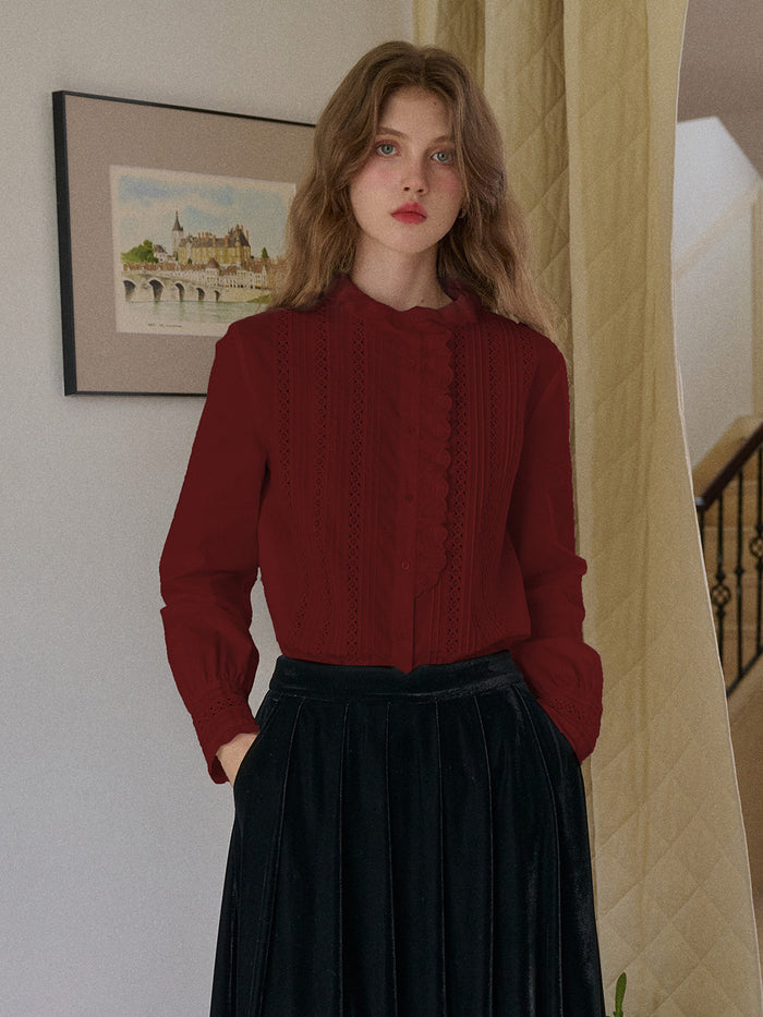 Journi Ruffle Collar Hollow 100% Cotton Blouse