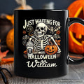 Just Waiting for Halloween Personalized Mug, Spooky Skeleton Gift with Custom Name Personalized Ceramic Mug OrnamentallyYou Black Customized