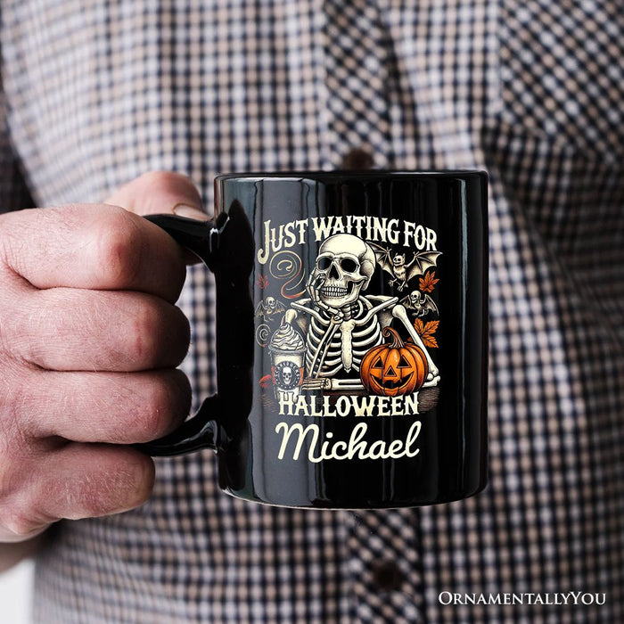 Just Waiting for Halloween Personalized Mug, Spooky Skeleton Gift with Custom Name Personalized Ceramic Mug OrnamentallyYou