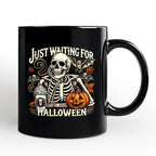 Just Waiting for Halloween Personalized Mug, Spooky Skeleton Gift with Custom Name Personalized Ceramic Mug OrnamentallyYou Black Non-Custom