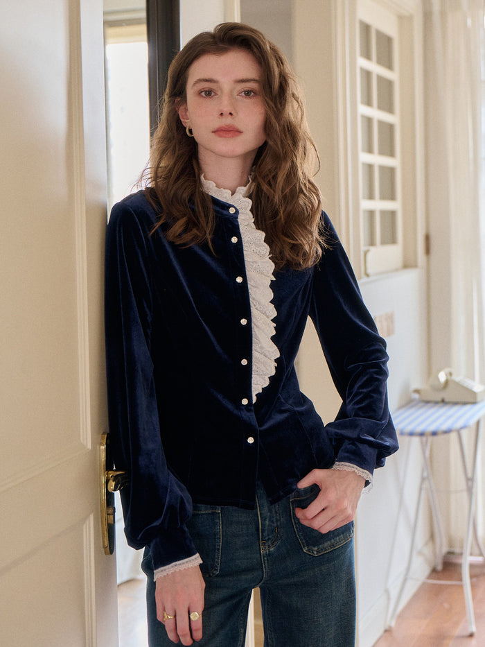 Karina Lace Neck Velvet Top