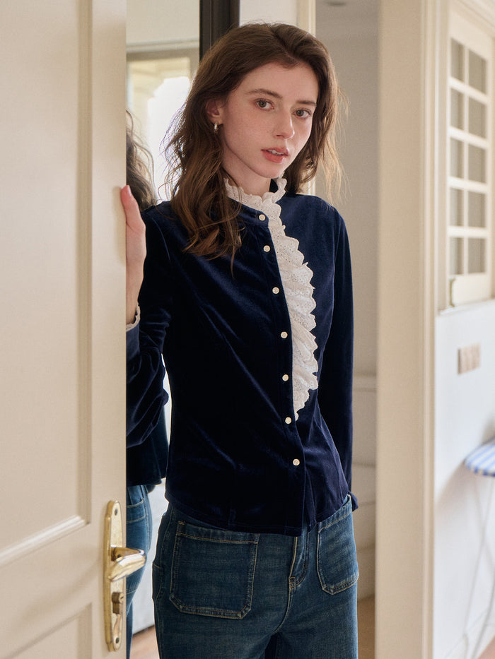 Karina Lace Neck Velvet Top