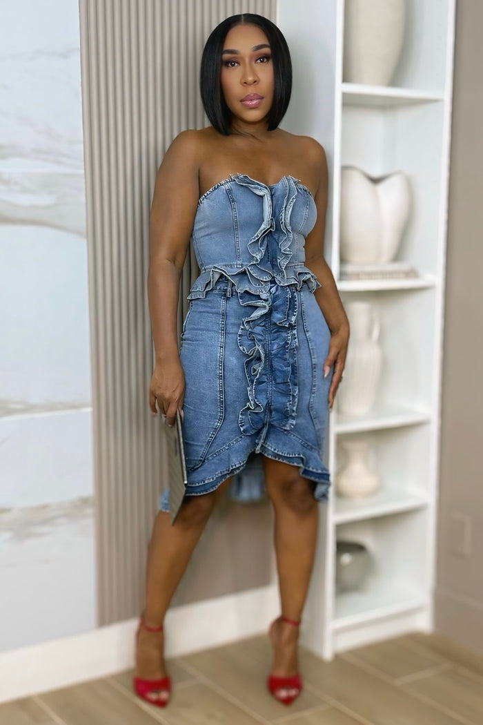 Kendria Denim Ruffle Skirt Set