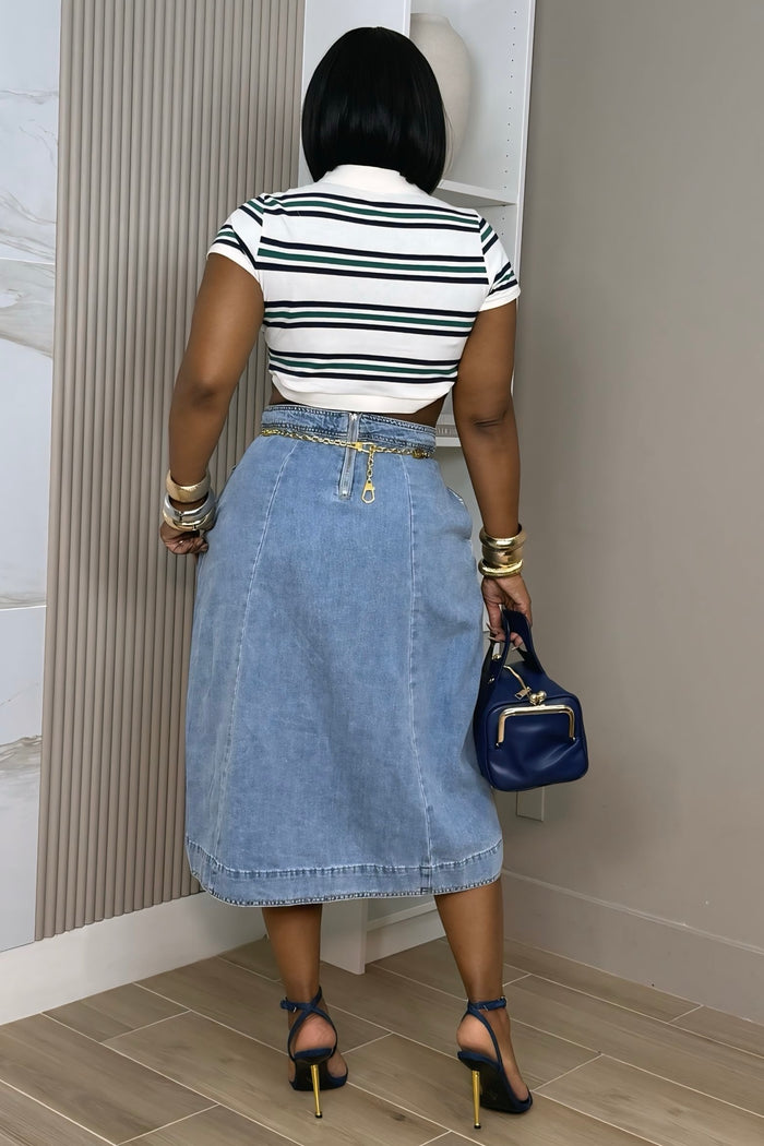 Kennedy Ruched “High-Low Denim Drama” Skirt