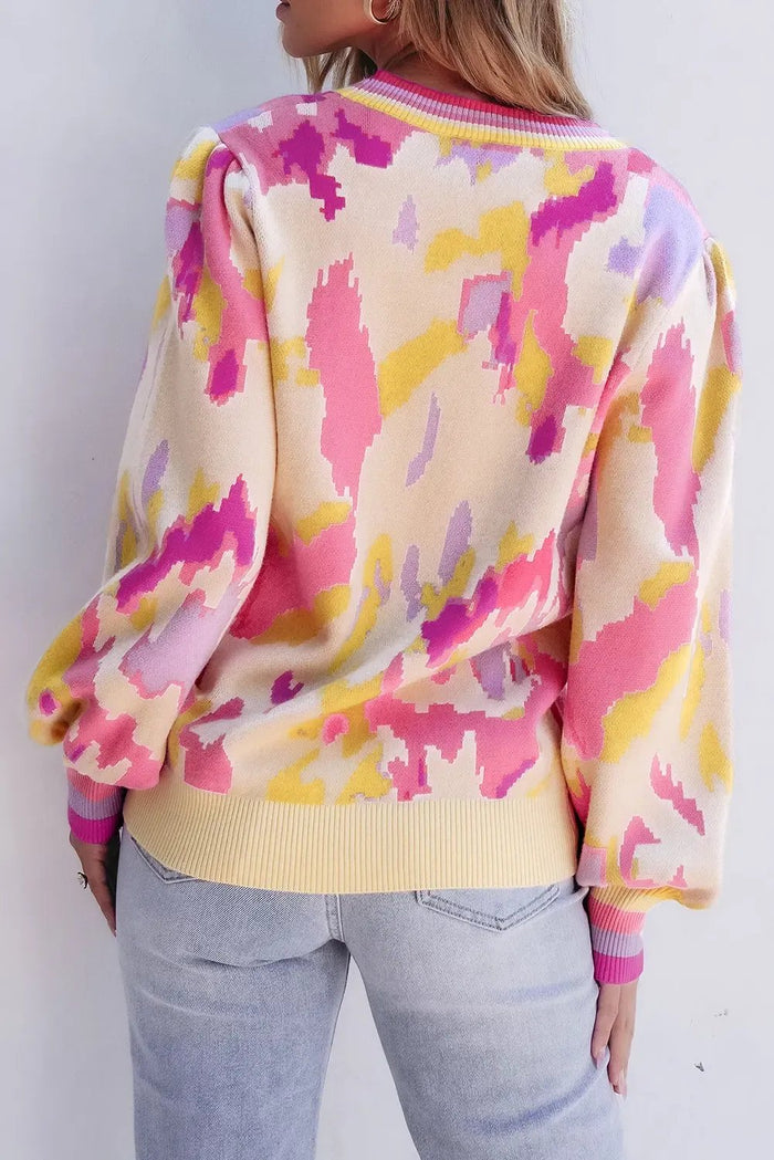 Shop Khaki Abstract Print Colorblock Balloon Sleeve Sweater at eAura