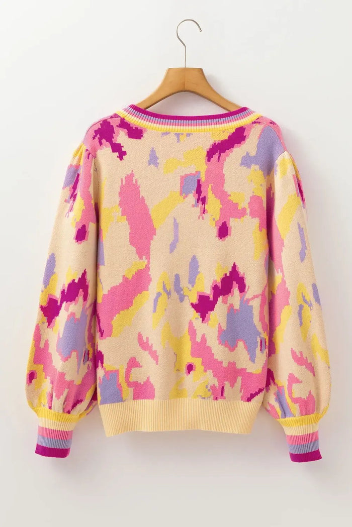 Shop Khaki Abstract Print Colorblock Balloon Sleeve Sweater at eAura