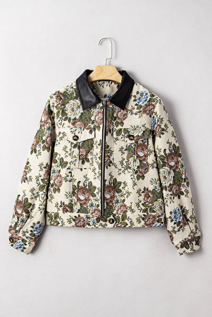 Khaki Floral Print Zip Up Contrast Collared Jacket - S - Outerwear/Jackets