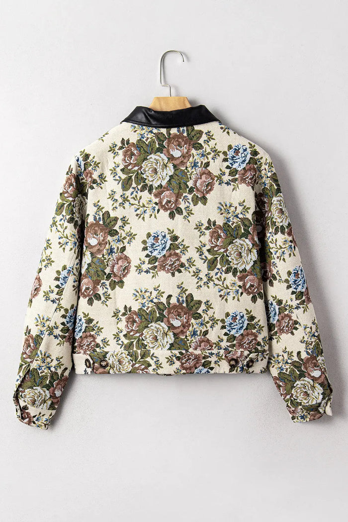 Khaki Floral Print Zip Up Contrast Collared Jacket - Outerwear/Jackets