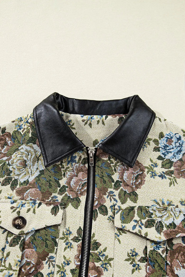 Khaki Floral Print Zip Up Contrast Collared Jacket - Outerwear/Jackets