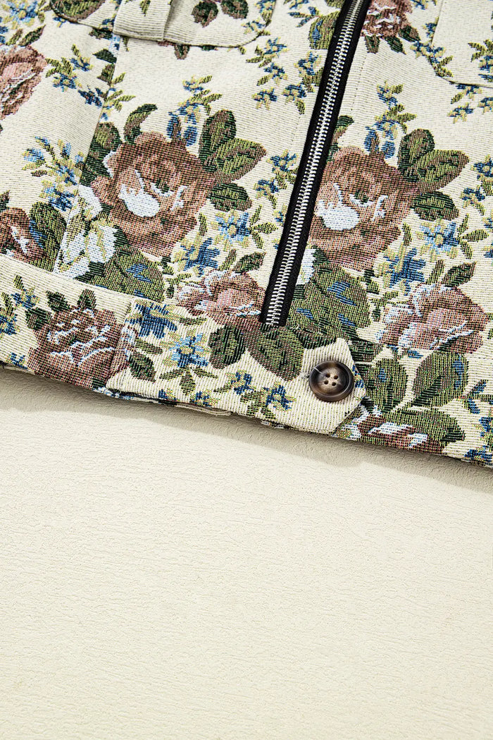 Khaki Floral Print Zip Up Contrast Collared Jacket - Outerwear/Jackets