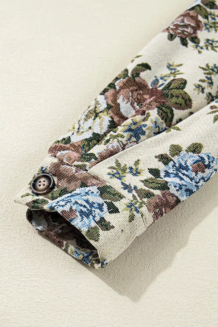 Khaki Floral Print Zip Up Contrast Collared Jacket - Outerwear/Jackets