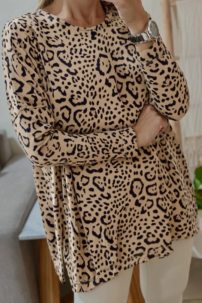 Khaki Leopard Print Long Batwing Sleeve Loose Top - S - Tops/Long Tops