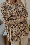 Khaki Leopard Print Long Batwing Sleeve Loose Top - S - Tops/Long Tops