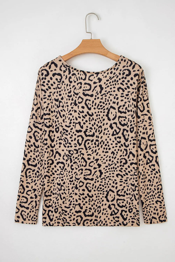 Khaki Leopard Print Long Batwing Sleeve Loose Top - Tops/Long Tops