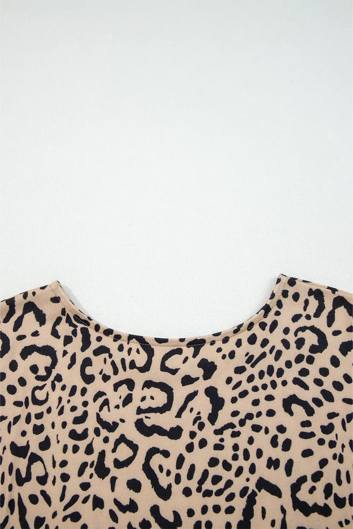 Khaki Leopard Print Long Batwing Sleeve Loose Top - Tops/Long Tops
