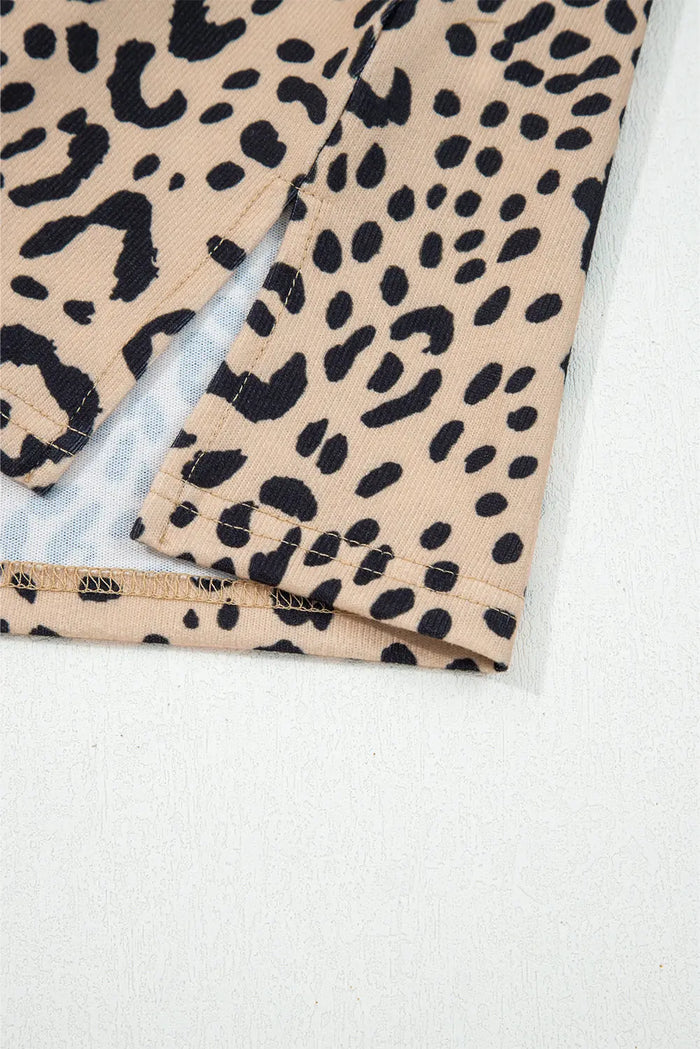 Khaki Leopard Print Long Batwing Sleeve Loose Top - Tops/Long Tops