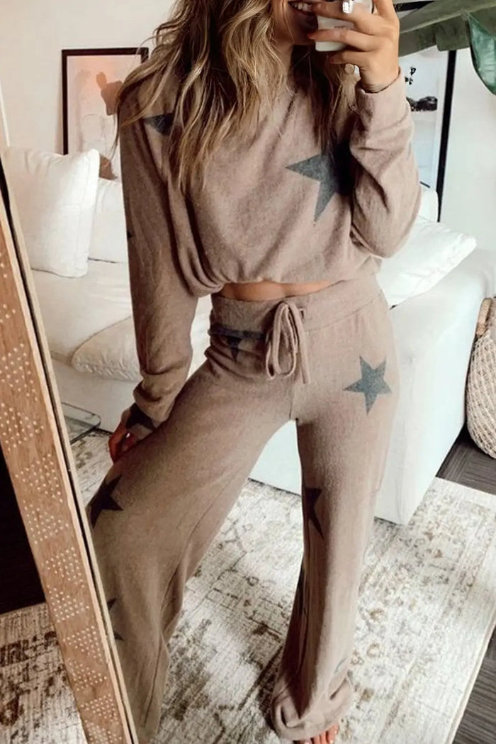 Khaki Retro Star Print Long Sleeve Drawstring Lounge Set - S - Loungewear & Sleepwear/Loungewear