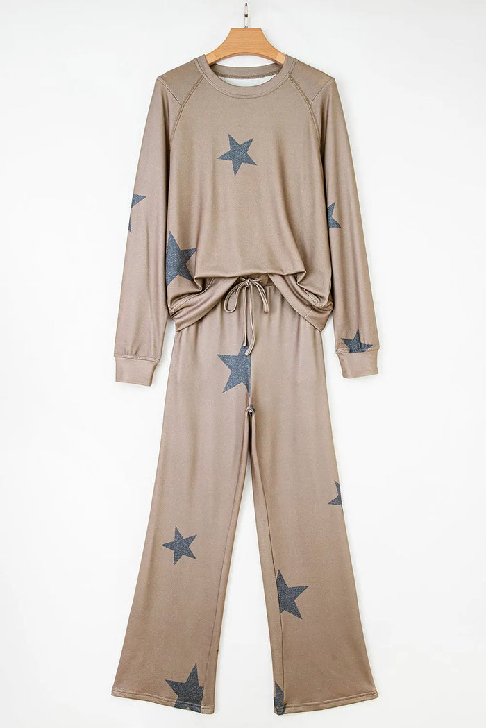 Khaki Retro Star Print Long Sleeve Drawstring Lounge Set - Loungewear & Sleepwear/Loungewear